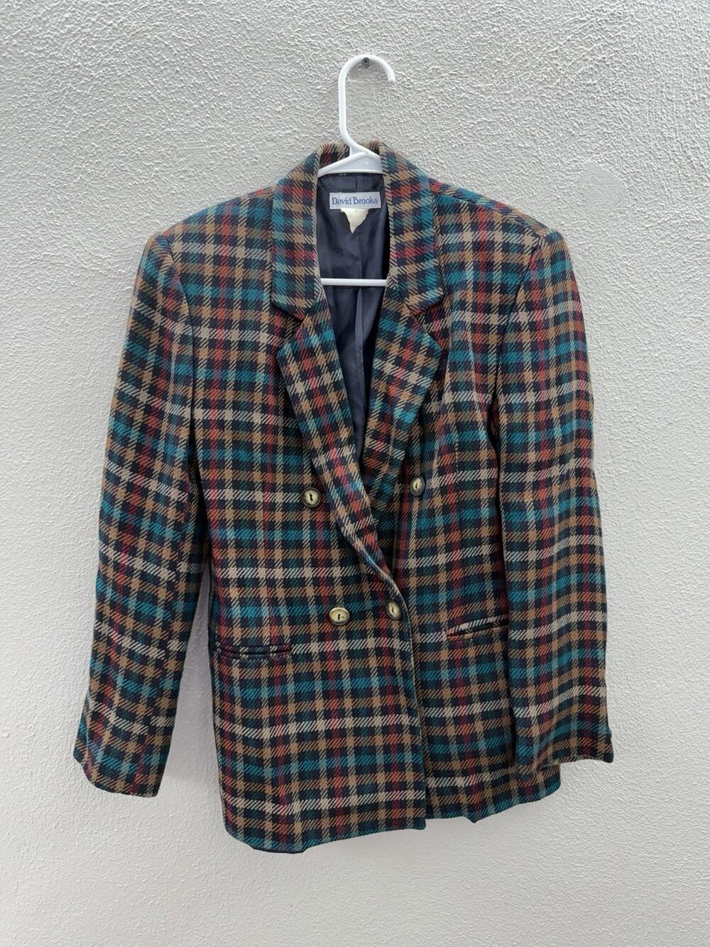 Davids Brooks Womens Blazer Size 4 Plaid Double Breasted Button Up Vintage Lined